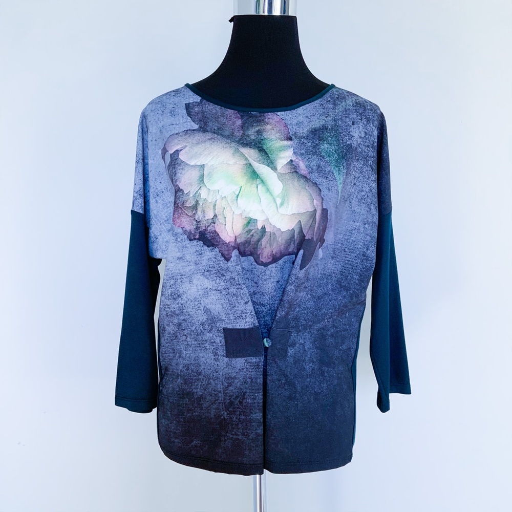 NWT $199 Say Unique Cinched Relaxed Tunic Top Floral Print 3/4 sleeve S/M